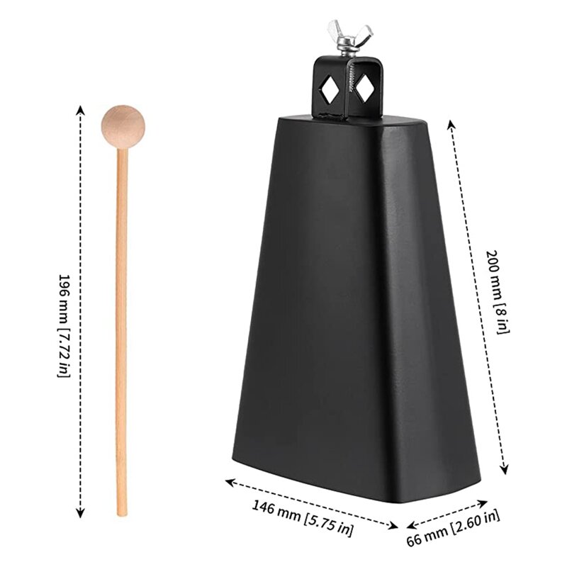 2 X 8 Inch, Manual Percussion Cowbell With Wooden Sticks For Drum Set, Sports, Home, Farm, Black