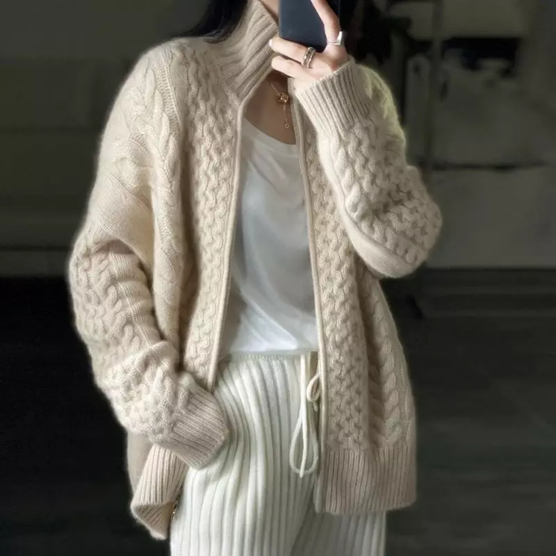 Cardigã feminino de malha de caxemira alta, suéter de zíper fino solto, casaco grosso de lã, estação europeia, outono e inverno