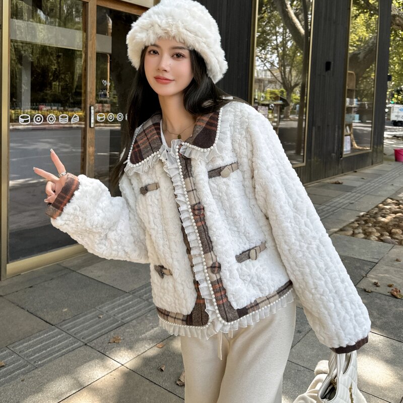 여성용 인조 양털 짧은 코트, 작은 핏과 두꺼운 기모, 가을 및 겨울 새로운 스타일