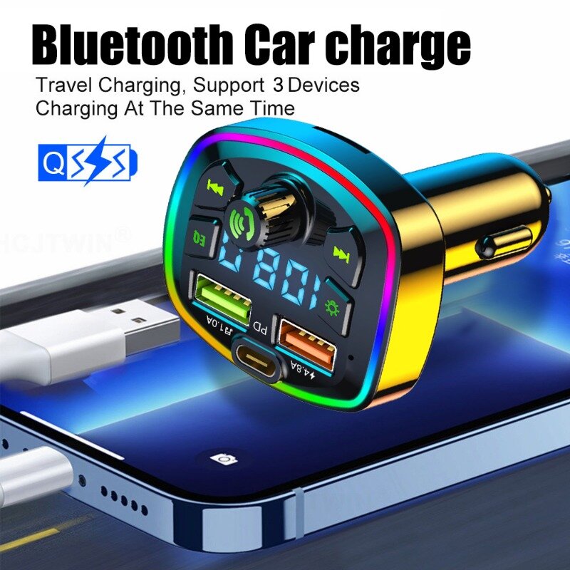 Wielofunkcyjny samochód PD szybkie ładowanie Bluetooth 5.0 do MP3 odtwarzacz kolorowe samochody ładowarka 2 w1 odtwarzacz ładowarka samochodowa nastrojowe oświetlenie