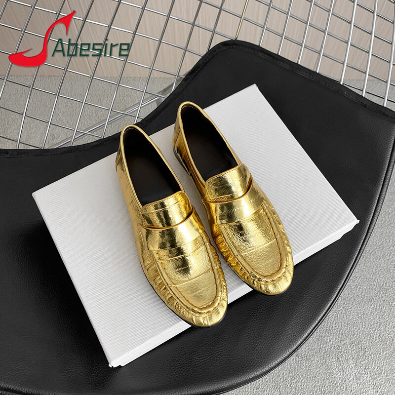 British Style Gold Women Casual Shoes Fashion Round Toe Pleated Low Heel Slip On Loafers Spring Summer New Comfortable Flats