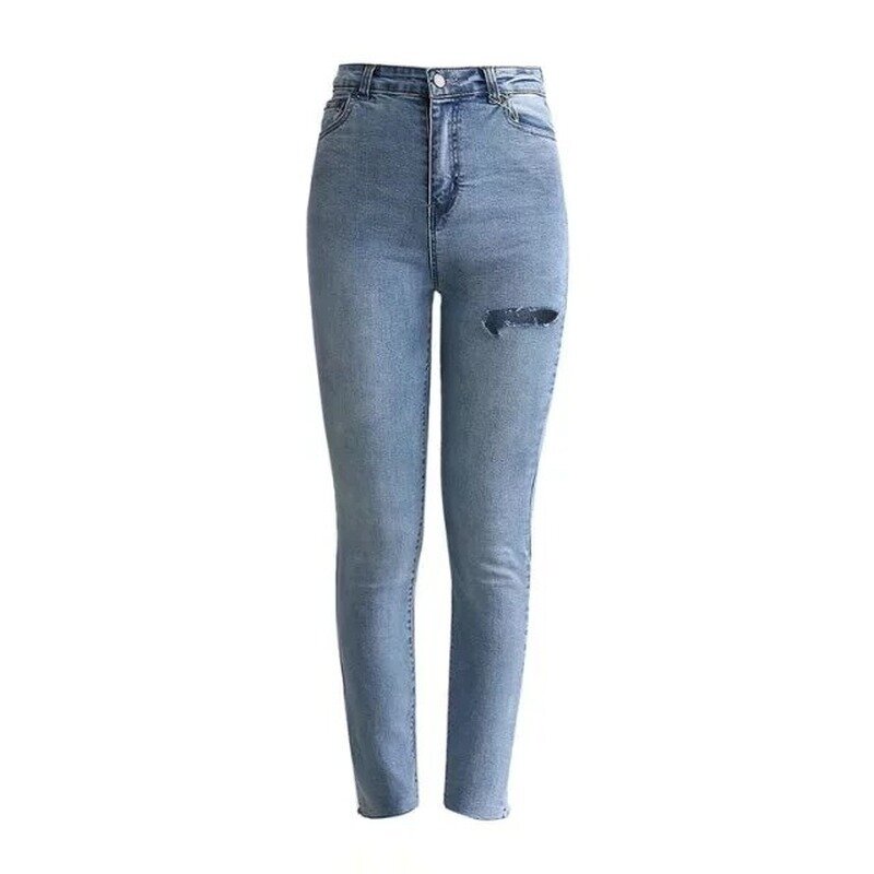 2023 Musim Semi Seksi Wanita Pinggang Tinggi Tubuh Ramping Jeans Ketat Biru Ketat Perempuan Baru Korea Y2k Warna Solid Celana Pensil Celana Panjang