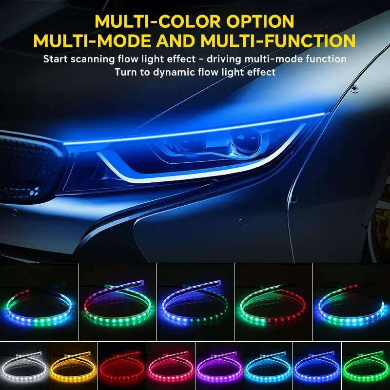 2PCS Car LED Light Strip RGB Daytime Running Light DRL Remote Control Colorful Flowing Turn Signal Decorative Lamp Waterproof
