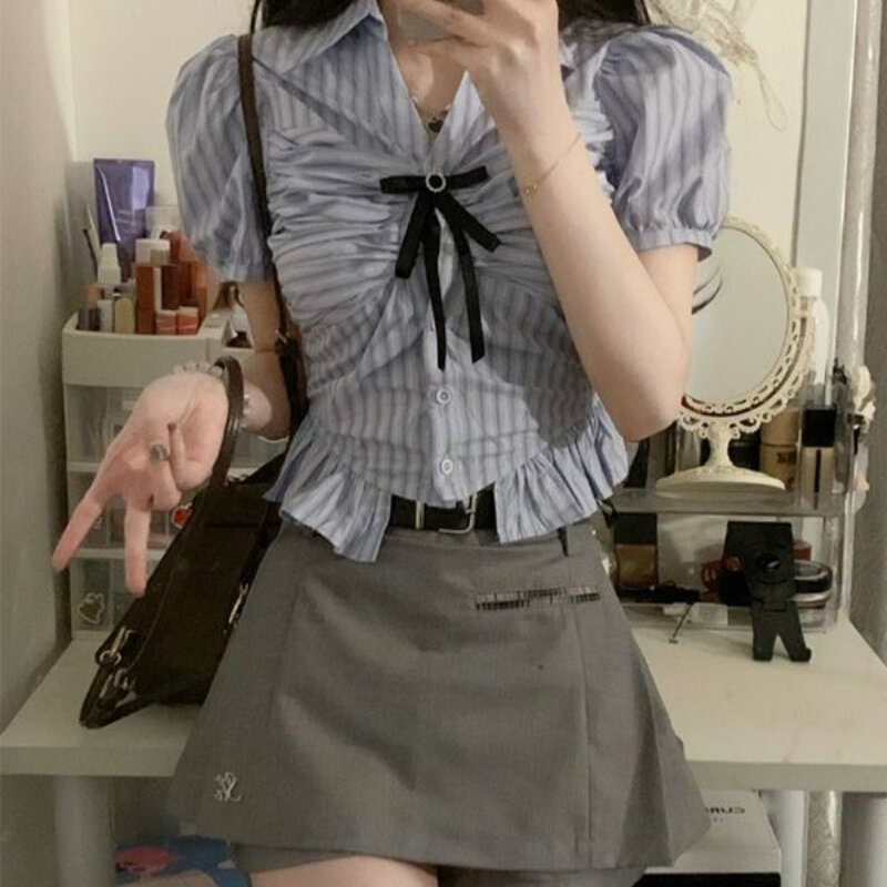 大学スタイルの弓,韓国版の半袖トップス,女性用,夏用