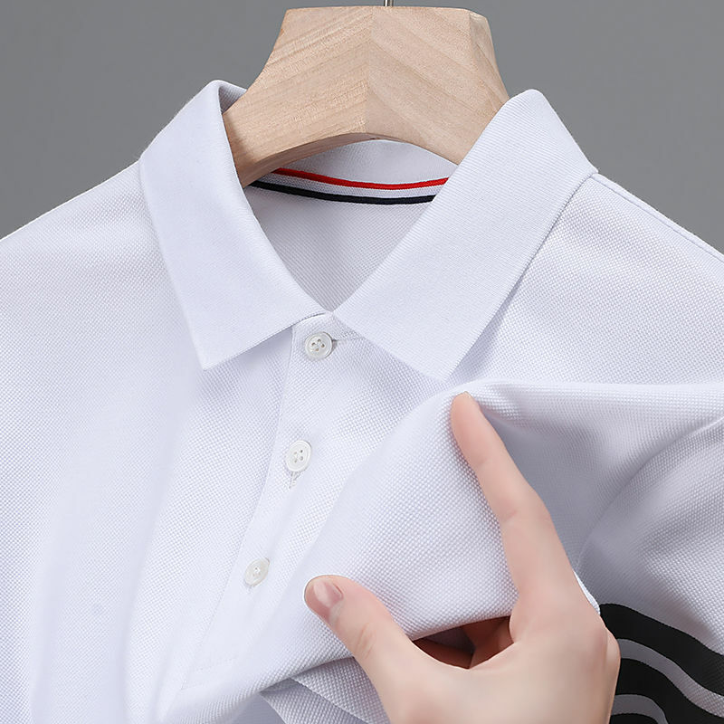 Pasiasta koszulka Polo z krótkim rękawem męska letnia z czystej bawełny męska odzież z połowy rękawa