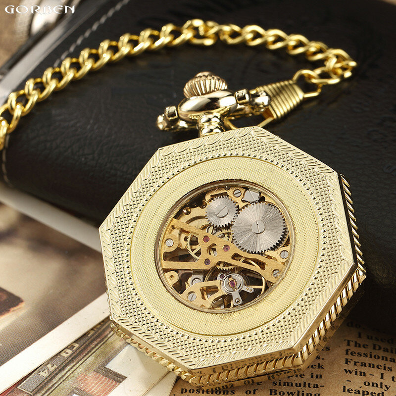 Классические шестиугольные Механические карманные часы на цепочке-цепочке, в стиле стимпанк, циферблат с римскими цифрами, скелетоны, золотые стальные мужские карманные часы с отверстиями