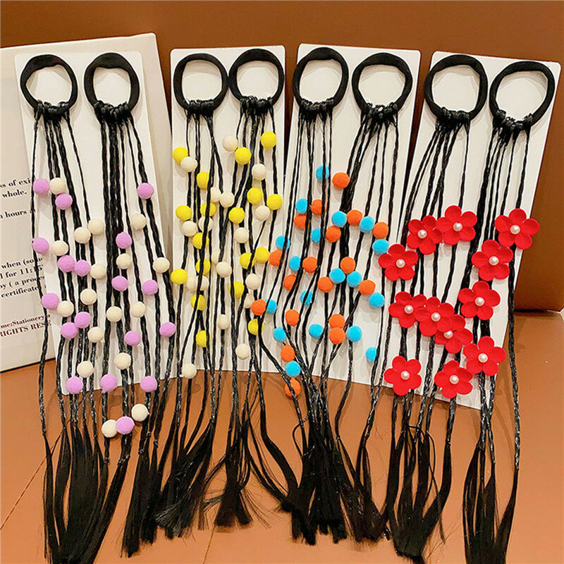 Noworoczne plecione kucyk peruki dla dziewczynek elastyczne gumki do włosów kolorowa piłka kwiaty syntetyczny kucyk z gumką prezenty dla dzieci