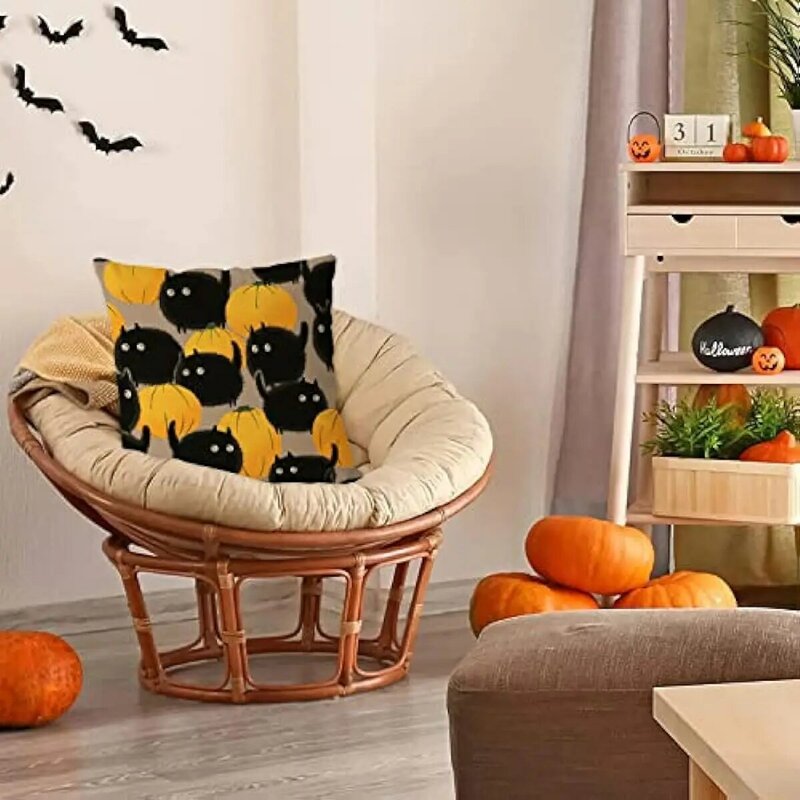 Funda de almohada de lino para Halloween, cubierta de cojín de calabaza, gato, vacaciones, granja, interior y exterior