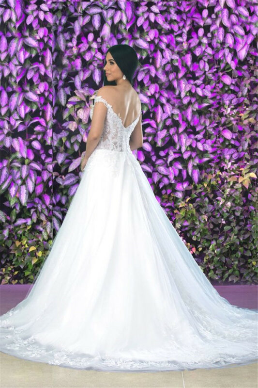 Luxury Illusion Spanish A-Line wedding dress Romantic Off the Shoulder Draped Bride Dress Appliques Robe de Mariee