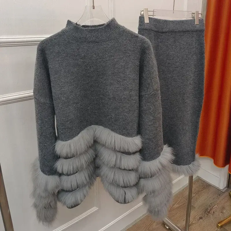 Lady's Sweater Skirt Set with Real Fox Fur Trim Cuff Fashion Ins Natural Fox Fur Jacket Women Autumn Winter Warm Clothing