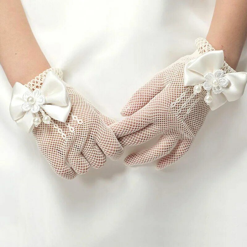 1 Pair Girls Mesh Bow Lace Pearl Decoration Gloves Party Supplies Children Birthday Ceremony Coronation Accessories Gift Mittens