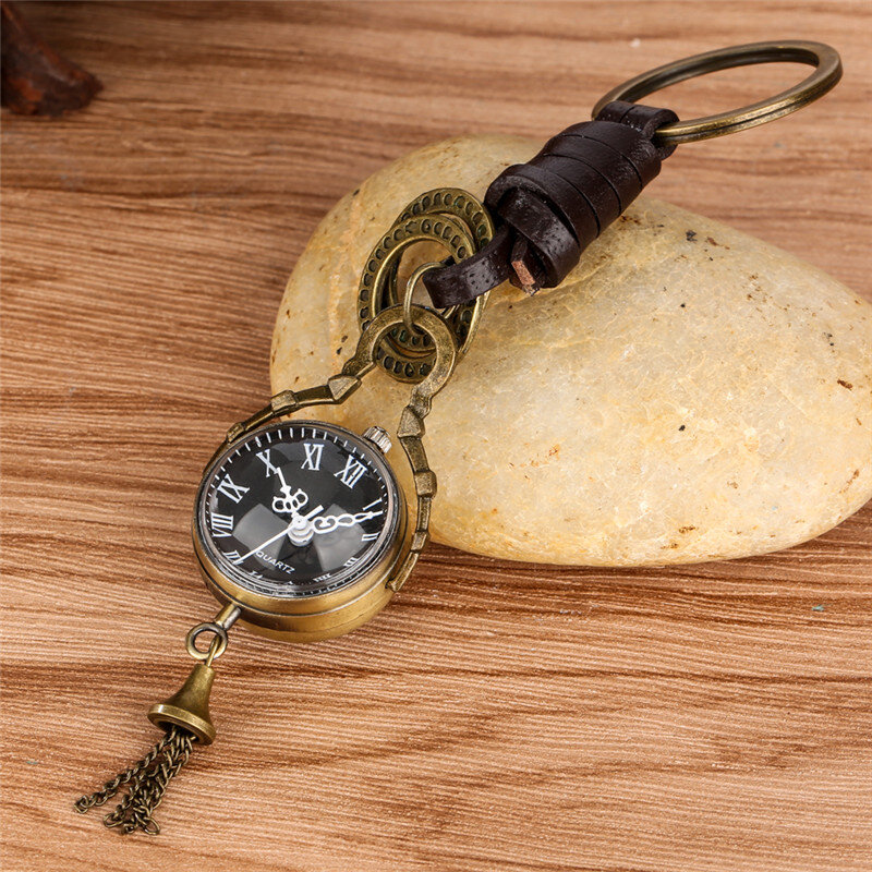 Reloj de bolsillo analógico de cuarzo con forma de bola redonda para hombre y mujer, colgante antiguo con número romano, llavero, cuerda, coleccionable