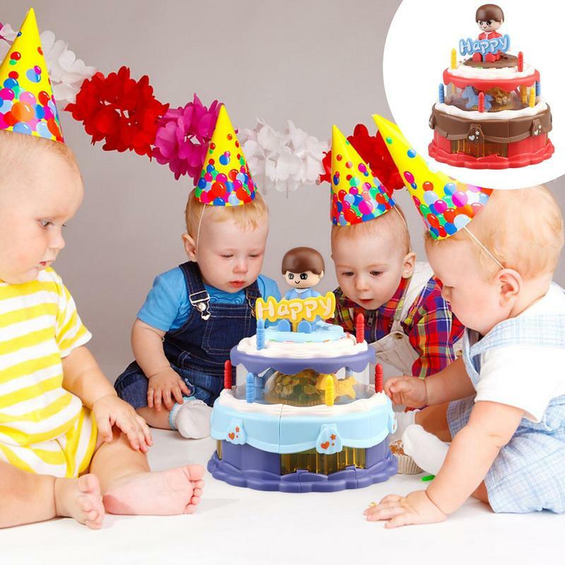 Automatyczne elektryczne zabawki do tortu muzycznego śpiewające migające kreskówkowe ciasto obrotowe dla materiały na boże narodzenie urodzinowych chłopców i dziewcząt