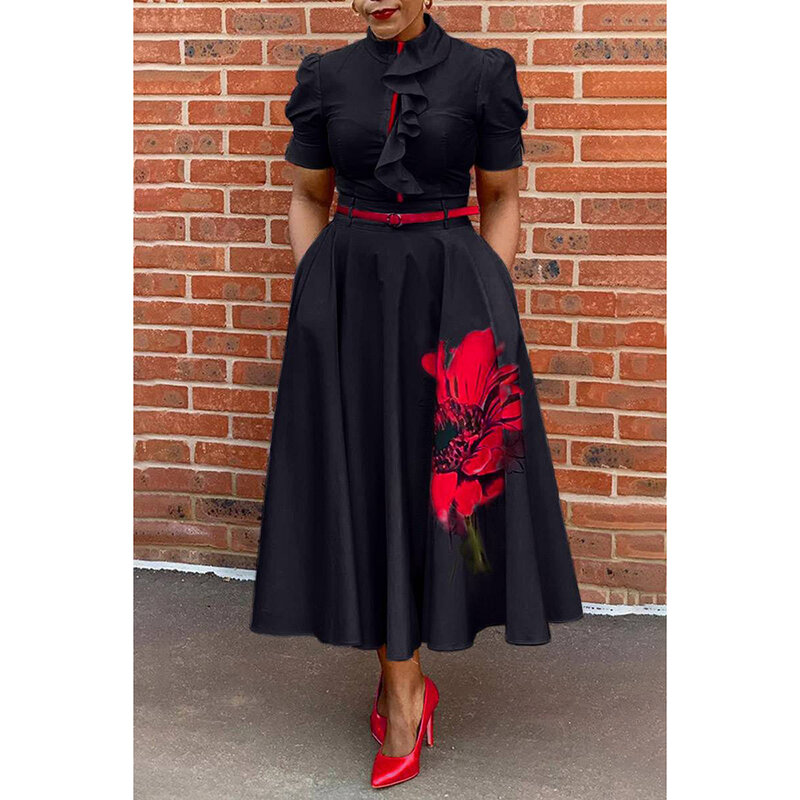 Plus Size Black Daily Ruffled Flower Print Tunic A Line Midi Dress