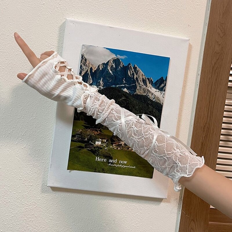 Lolita Fingerless Gloves Ruffled Floral Lace Elastic Elbow Gloves Balletcore Gloves for Wedding Bridal Prom Gloves