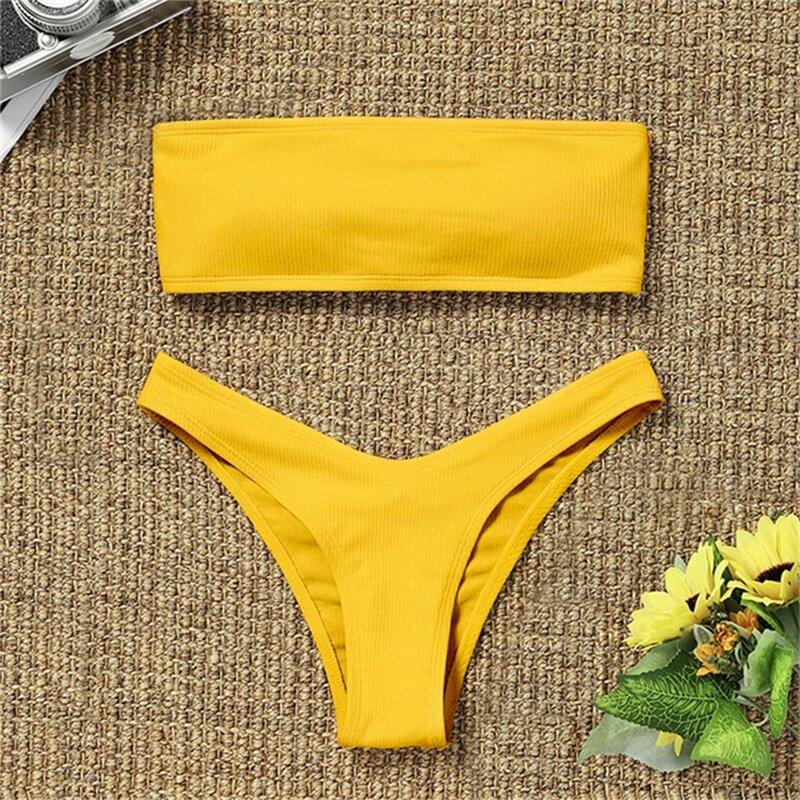 Bandeau Bikini Set Women Swimwear Ribbed Solid Color String Bikinis Thong Swimsuit Strapless Beachwear Bathing Suit Biquini