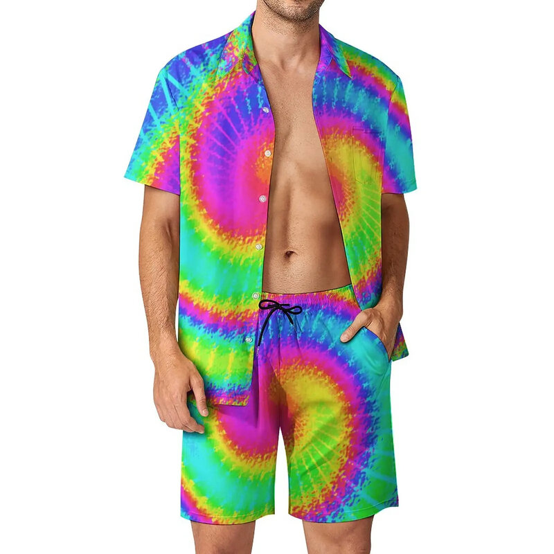 Conjunto de camisa con estampado 3D de arcoíris para hombre, ropa informal de manga corta, pantalones cortos de playa de gran tamaño, ropa de calle hawaiana