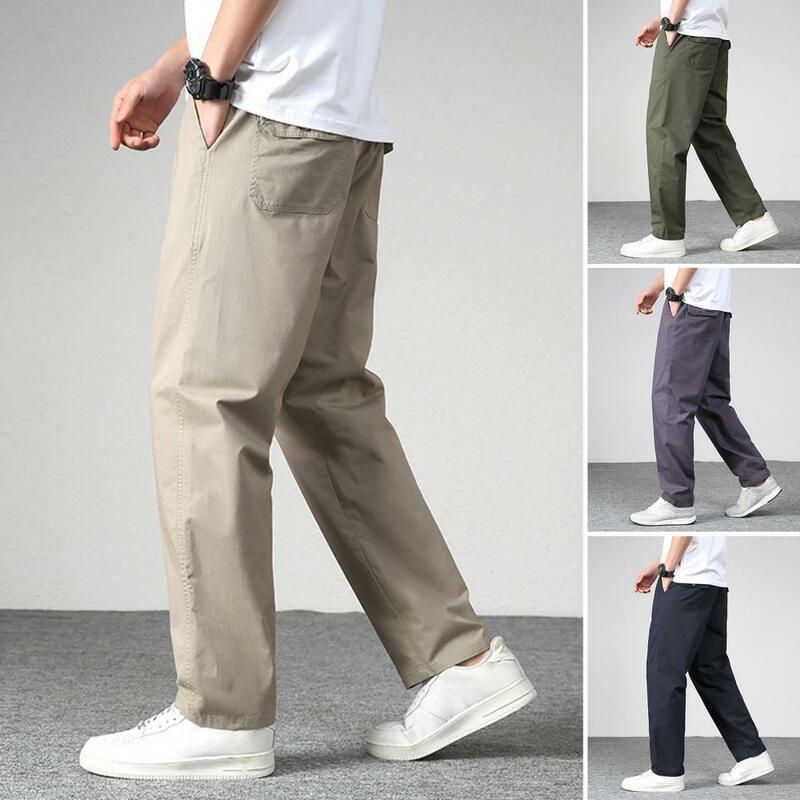 Celana panjang penutup ritsleting serbaguna pria, celana panjang lurus setengah pinggang bersirkulasi lembut multi-saku untuk musim panas