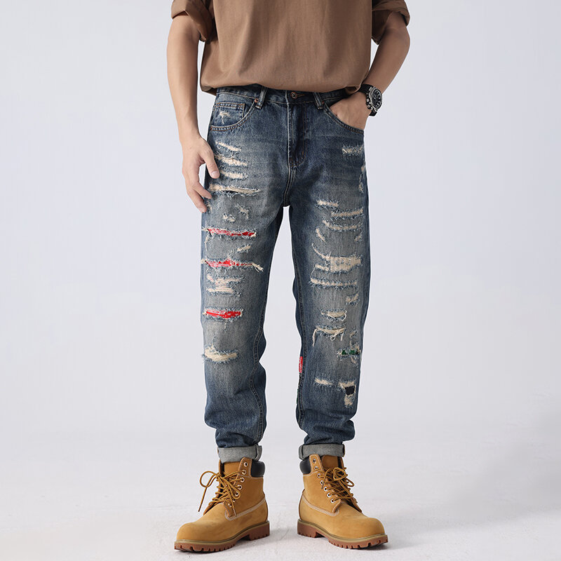 Джинсы Y2K мужские свободные с заплатками, небольшие прямые байкерские брюки в стиле гангстер, удобные летние штаны с дырками