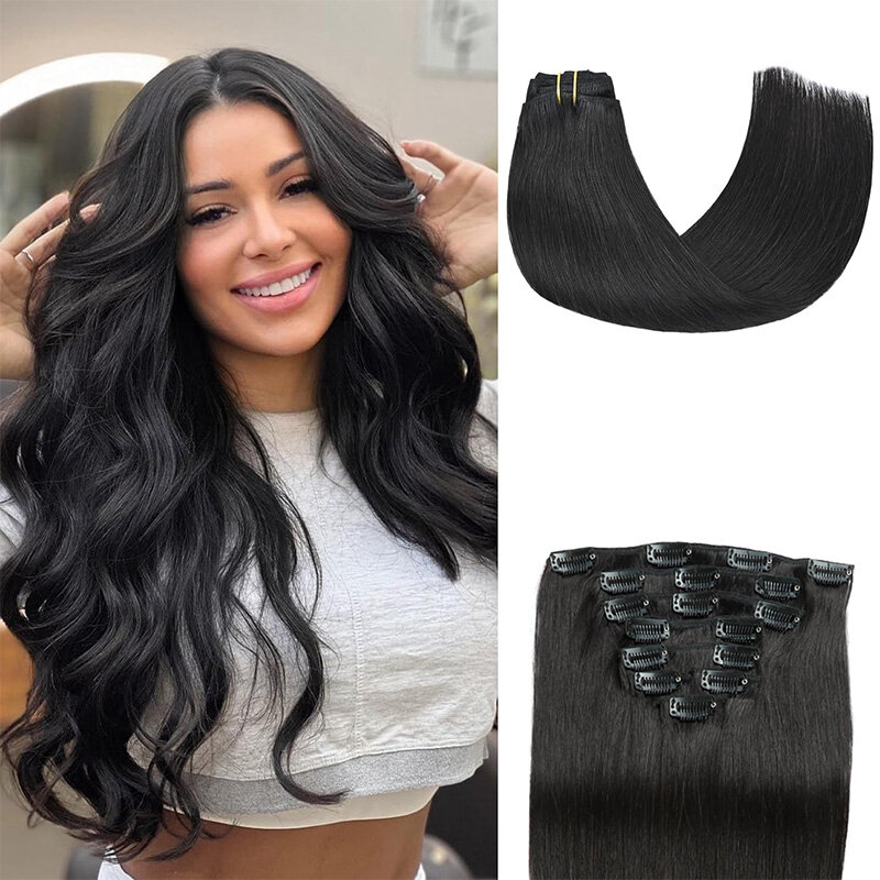 Straight Clip in Hair Extensions Human Hair 8PCS/Set with 17Clips Double Weft Clip in Human Hair Extensions Natural Black 1B#