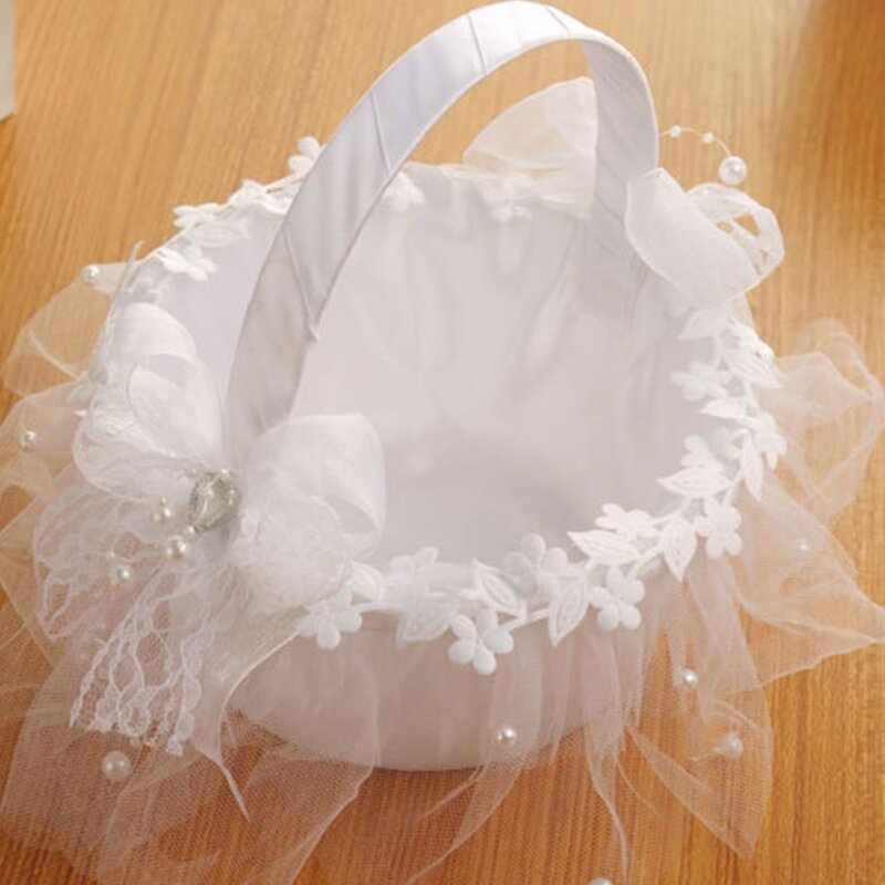 Matrimonio Flower Girl Basket Lace Pearl Flowers 7.8 pollici Aspetto elegante F0S4