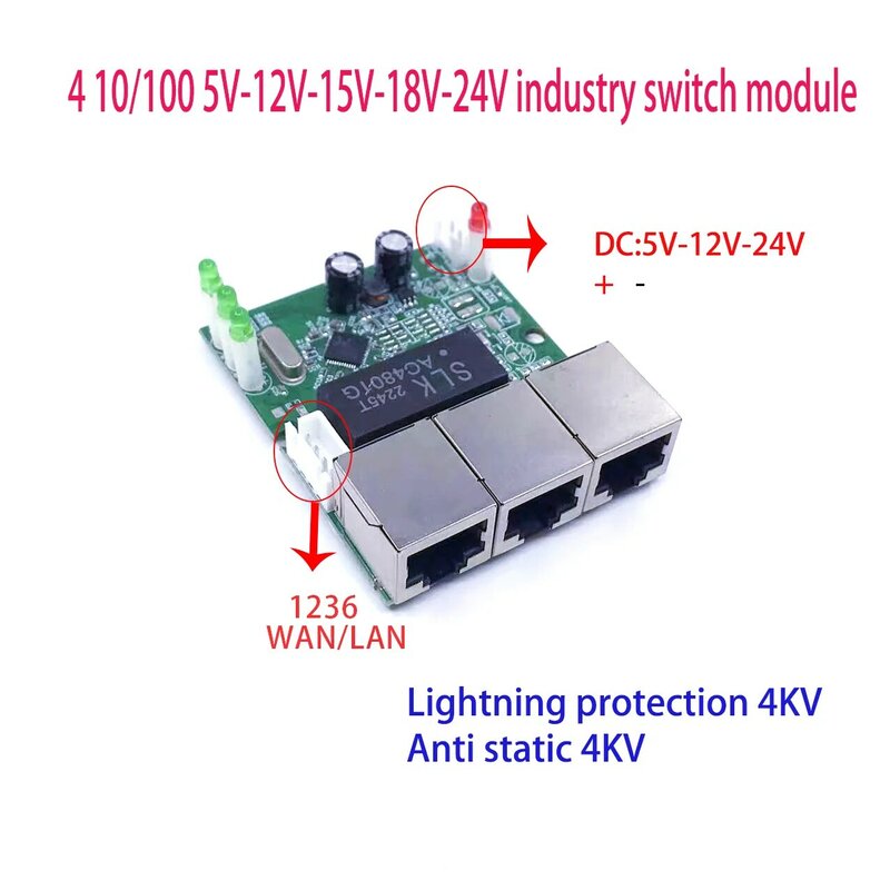 Mini PCBA 4Ports Industrial switch  module 10/100Mbps  5V 12V 15V 18V 24V Lightning protection 4KV Anti static 4KV