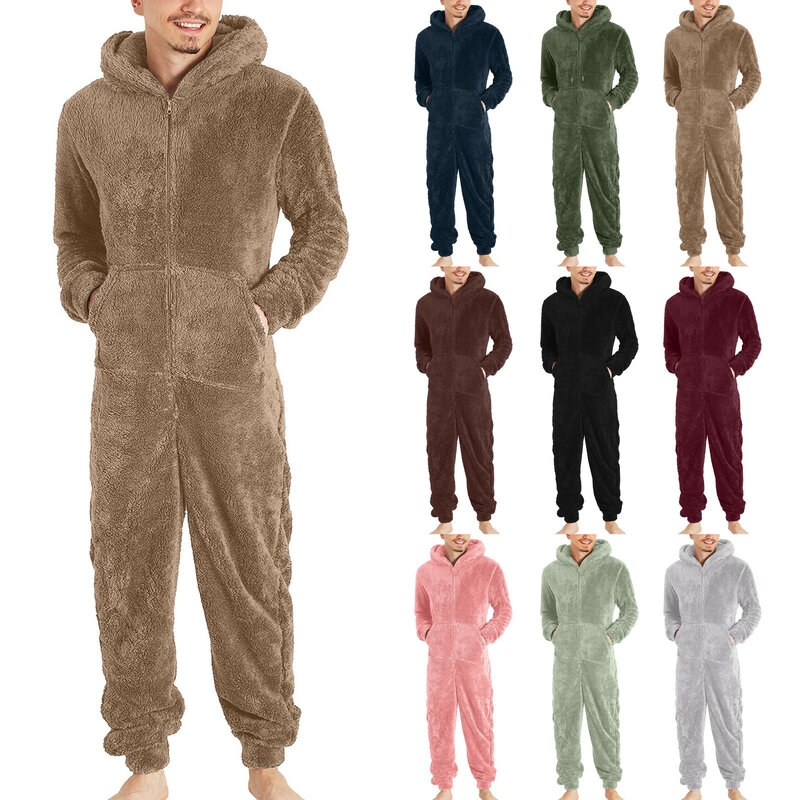 Men Artificial Wool Long Sleeve Pajamas Casual Solid Color Zipper Loose Hooded Jumpsuit Pajamas Casual Winter Warm Rompe 1