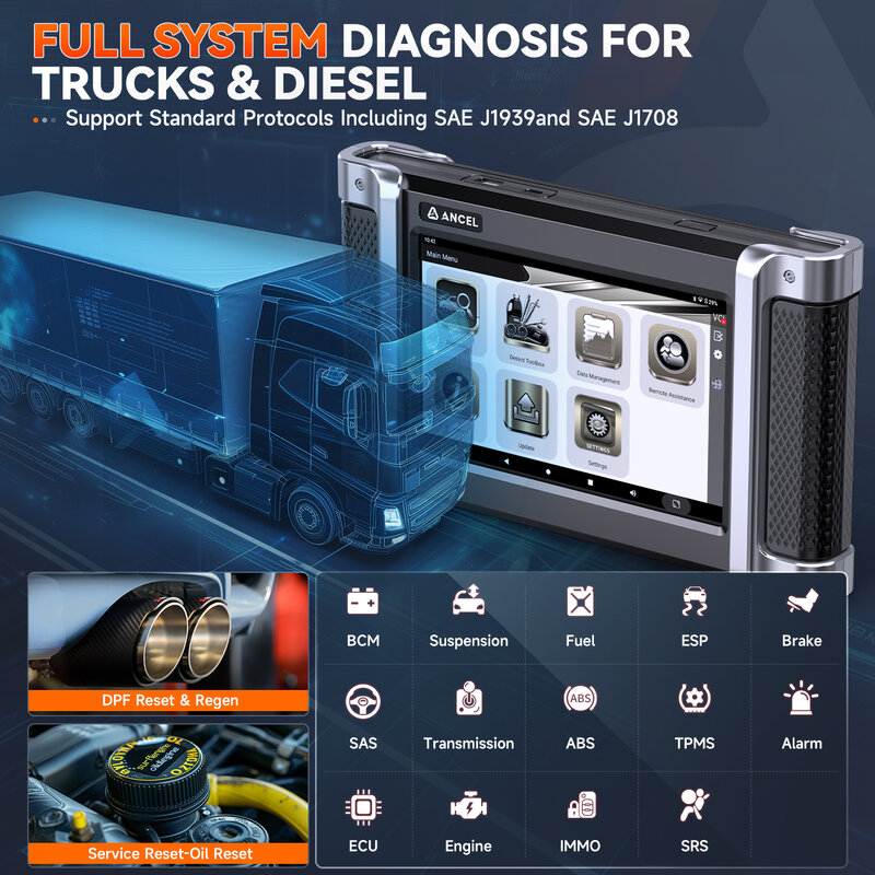 ANCEL HD8000 strumento diagnostico per camion per impieghi gravosi D.PF Regen Oil Reset regolazione della velocità del minimo strumento di scansione diagnostica 24V