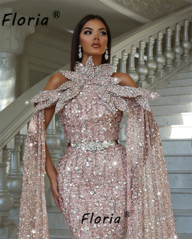 Glamorous Dubai Pink Sequin Beaded Formal Evening Dress with Cape Sleeve Sparkly Mermaid Red Carpet Party Gowns Robe de mariee