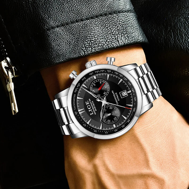 LIGE jam tangan pria, merek terkenal mewah anti air kronograf tanggal bercahaya untuk pria kuarsa Satinless Steel
