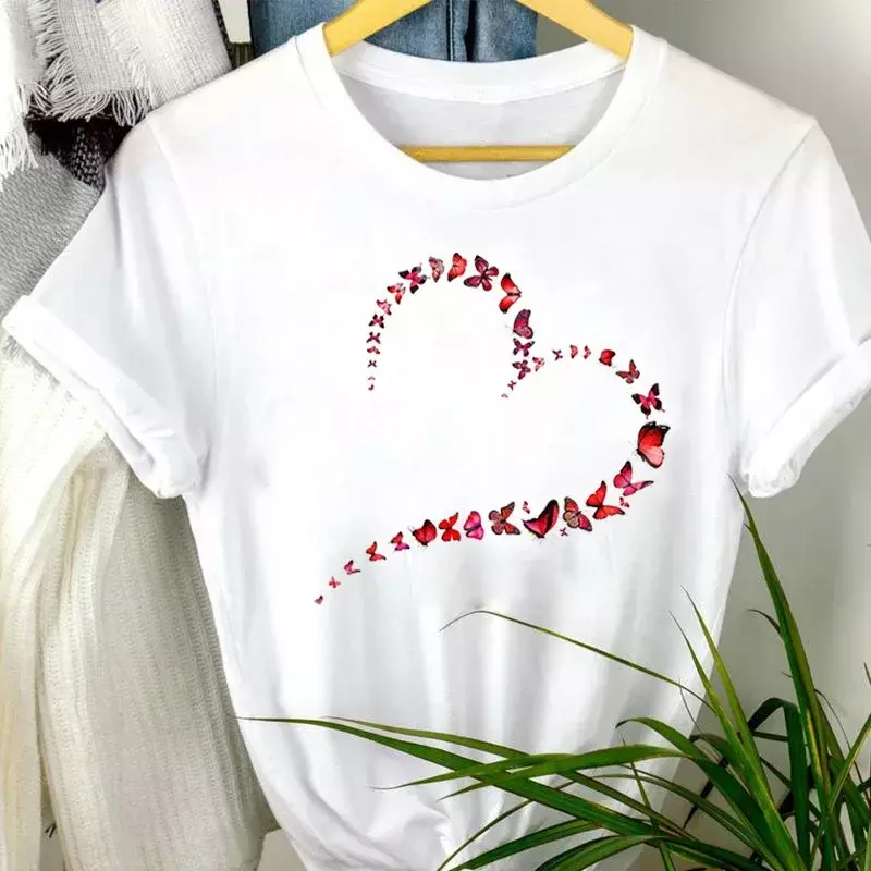 T-shirt imprimé à col rond pour femmes, t-shirts graphiques, haut à la mode, Europe et États-Unis, amour, papillon, tendance dessin animé, Y