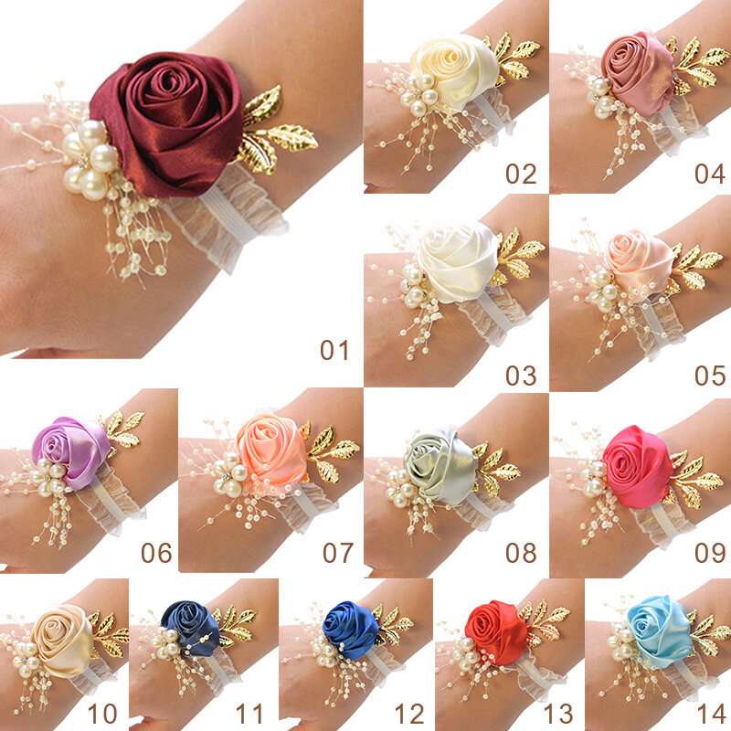 Bridesmaid Rose Bracelet Wedding Wrist Corsage Polyester Ribbon Pearl Bow Bridal Gifts Hand Flowers Party Prom Supplies