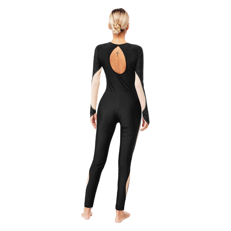 Leotards senam wanita 2024 berlian buatan lengan panjang tipis Mesh tambal sulam Bodysuit Jumpsuit gambar Yoga Skating kostum dansa