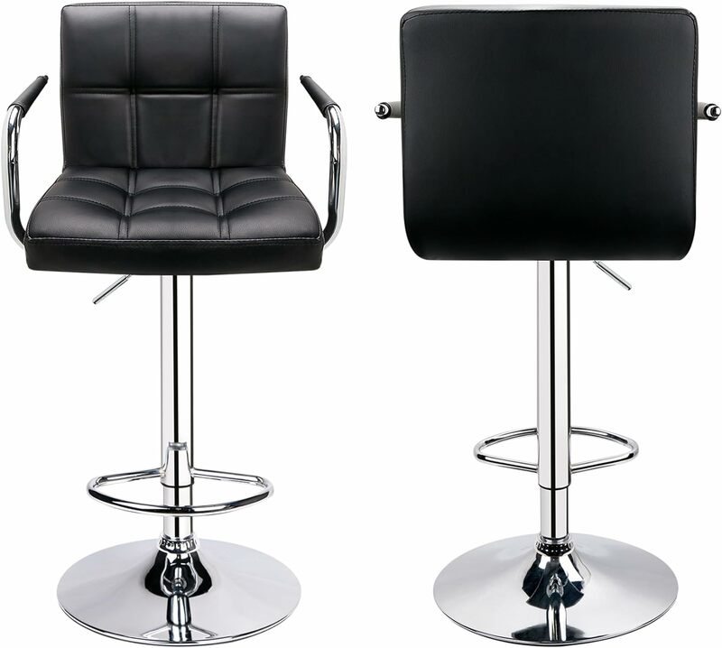 Bancos de bar ajustáveis Leopard com braço, cadeira giratória quadrada, costura dupla com fezes de volta, cor preta, conjunto de 2