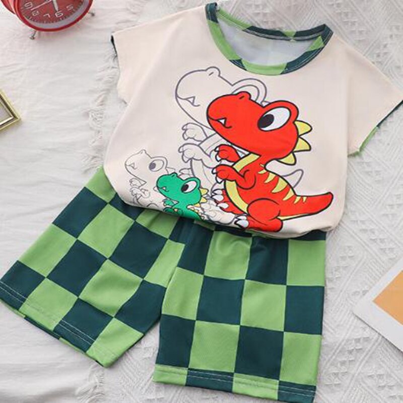 Новый летний Пижамный комплект для девочек с коротким рукавом для мальчиков мультяшный Человек-паук кролик Динозавр Детская одежда для сна Домашняя одежда детская одежда