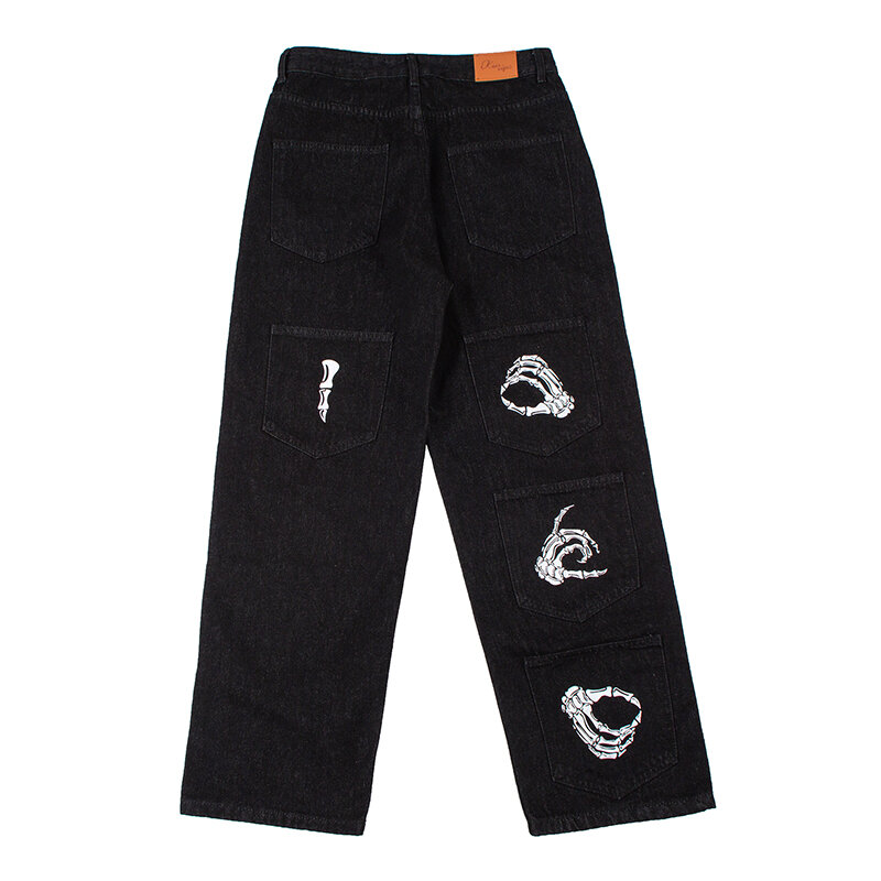 Mens Black Harajuku Streetwear Jeans Alt pantaloni dritti a gamba larga pantaloni in Denim vita alta vestiti Oversize Y2k