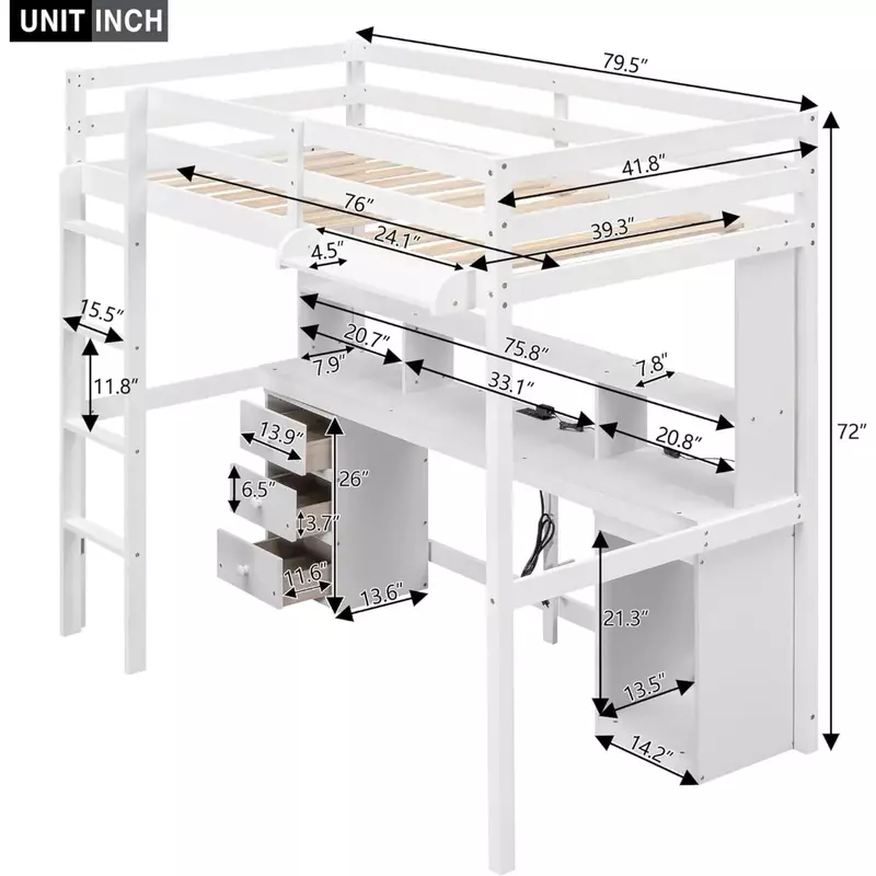 Twin Size Loft Bed with Multi-Storage Desk, LED Light and Bedside Tray, Charging Station, White
