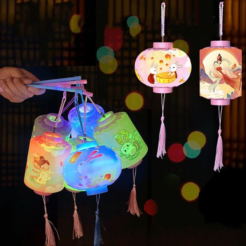 Linterna de conejo iluminada de mano de papel hecho a mano chino, decoración colgante, luz de luna DIY para Festival DE medio Otoño, conejito de la suerte