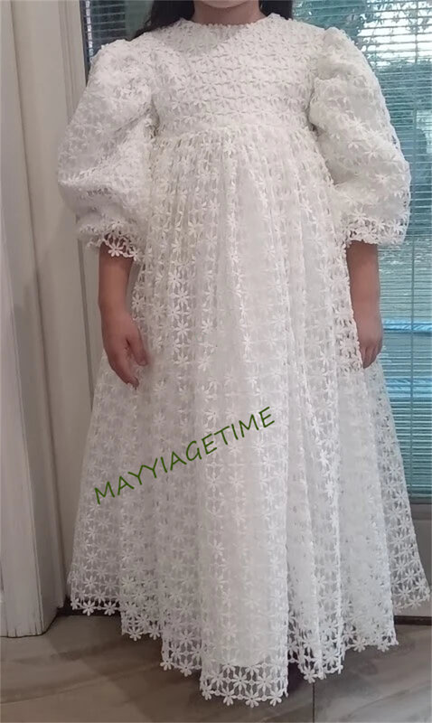 Half Sleeve White Lace Flower Girl Dress For Wedding Puffy Balloon Sleeve Pricness Pageant Birthday High Neck Girl Dresses