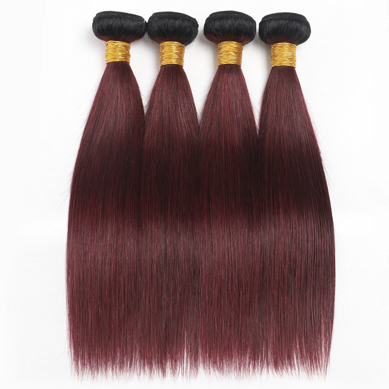 Extensiones de cabello humano brasileño con degradado, mechones de tejido de dos tonos, Remy, color rojo borgoña, 12A, 1B/99J