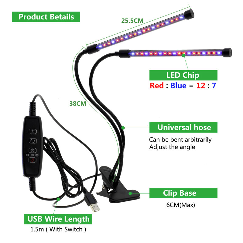 Luz LED USB para cultivo, fitolamp de espectro completo de 5V con lámpara Phyto de Control para plantas, plántulas, tienda de flores, invernadero hidropónico