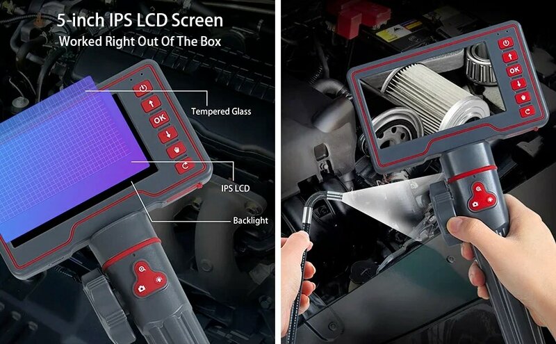 3.9/6/8mm artikulasi Borescope 2 arah, endoskopi industri kemudi 180 derajat layar 5 "tahan air kamera Video untuk selokan mobil