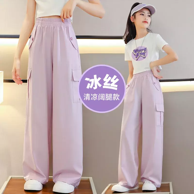 Kids Pants for Girls' Wide-leg Children's Ice Silk Overalls 2024 New Anti-mosquito Pants Sports Style Clothing To Wear Outside
