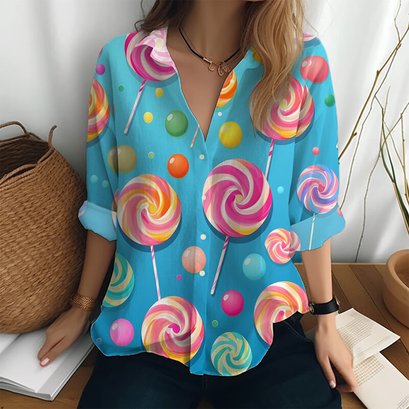 Chemise à manches longues imprimée en 3D Sweet Lollipop pour femme, chemise boutonnée à revers, style Harajuku, chemise décontractée, extérieur, printemps, automne
