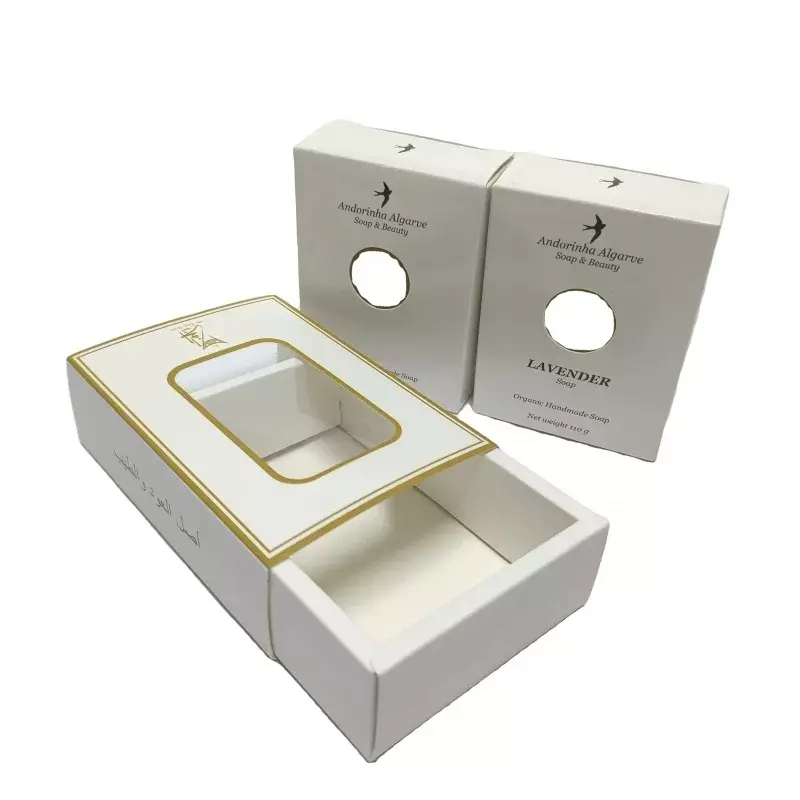 Kotak kemasan kertas hadiah seni foil emas kustom ramah lingkungan kotak sabun dengan kemasan karton jendela bening