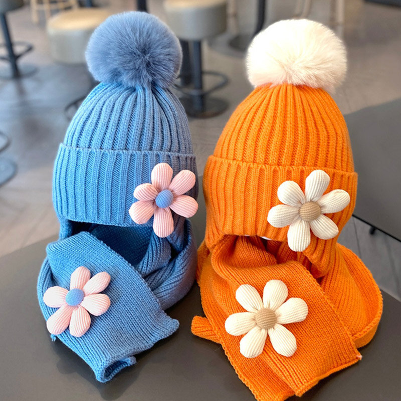 Doitbest Beanie Hangat Anak Perempuan Anak Laki-laki Musim Dingin 2022 Topi Syal Anak Set Rambut Bulu Bunga Topi Syal Solid Rajut Bayi Anak-anak