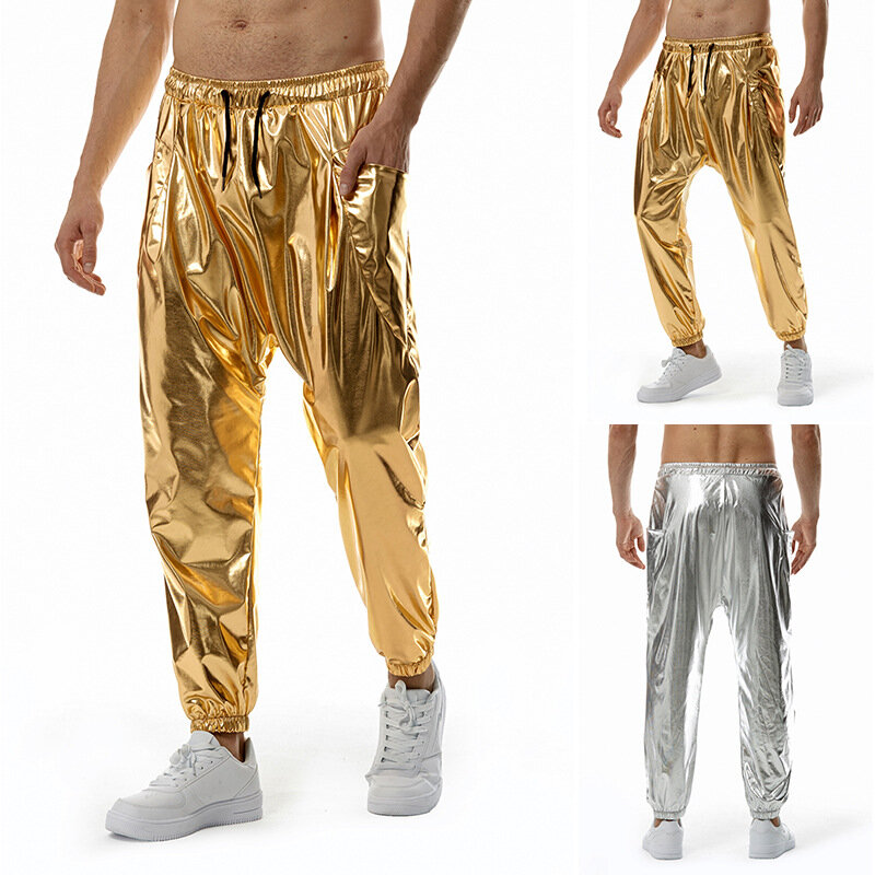 Pantaloni da festa da discoteca per uomo pantaloni della tuta oro Shinny Dance Stage Joggers Costume Homme 2024 Hip Hop outfit pantaloni