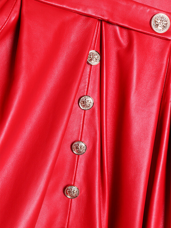 Casaco de couro sintético feminino, saia longa, vermelho, preto, trespassado duplo, elegante, moda luxuosa, outono, 4XL, 5XL, 6XL, 7X