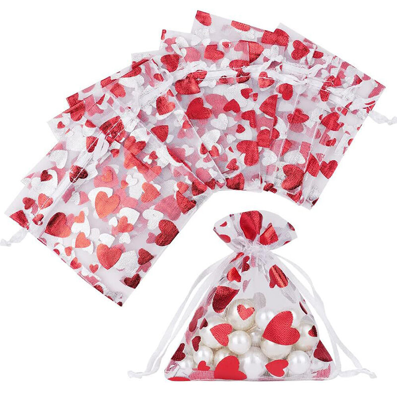 100 szt. Czerwone serce miłości torby z organzy prezent na wesele cukierki torba ze sznurkiem boże narodzenie Walentynki torebki na biżuterię wyświetlacz