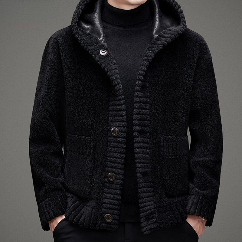 Mężczyźni 2022 jesienno-zimowa nowa dwustronna kurtka męska jednokolorowe płaszcze z kapturem męskie oryginalne wełniane futro ciepłe kurtki C250